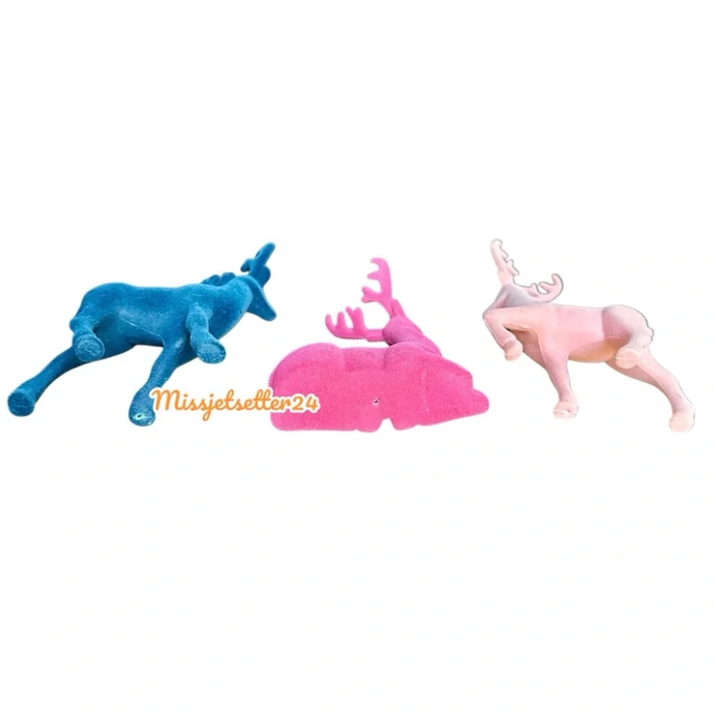 3 Target Flocked Deer Blue, Light Pink and Fuchsia Modern Christmas Decor EUC